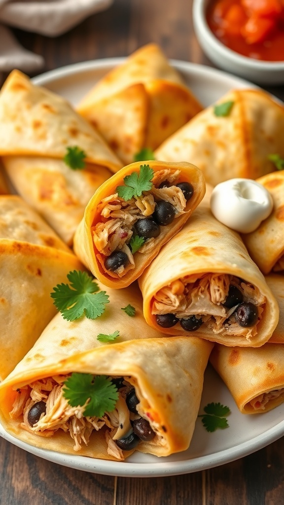 Stuffed tortillas filled with chicken and beans, served with salsa and sour cream on a plate.